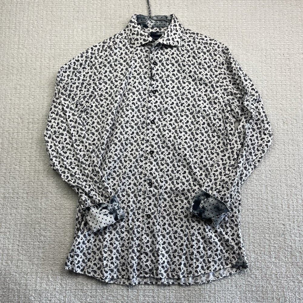 BLU by Polifroni Mens Shirt Sz M Long Sleeve Button Trippy White Print Paisley